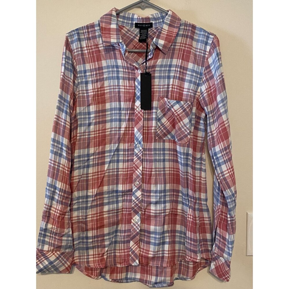 New NWT Max & Mia Blue Red Plaid Button Down Shirt Women's Size‎ Small